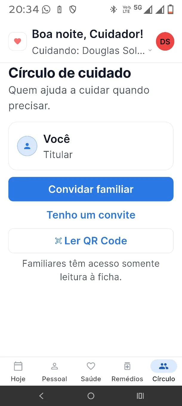 Tela Círculo de cuidado do Meucuidado App: perfil do titular, botão convidar familiar, opção tenho um convite e leitura de QR Code