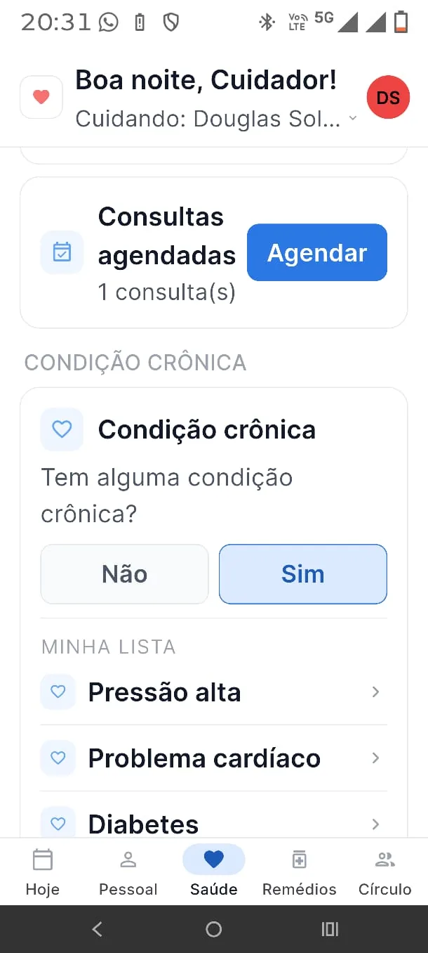Tela Saúde do Meucuidado App: consultas agendadas, pergunta sobre condição crônica e lista com pressão alta, problema cardíaco e diabetes